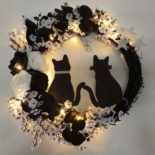 Black Cat Crescent Halloween Wreath Front Door Home Decor