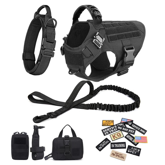 Military Large Dog Harness with Collar Leash Bags and Patches Set for Pet Malinois Training Vests Tactical Dog Accessories