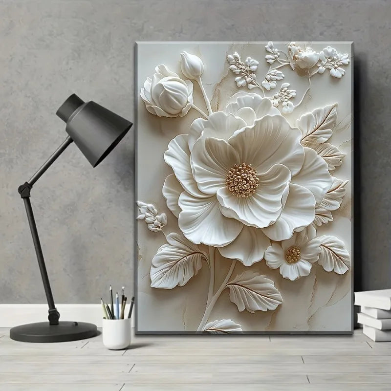 White Flower Pattern Wood Frame Canvas Murals Wall Mounted Decoration for Living Room