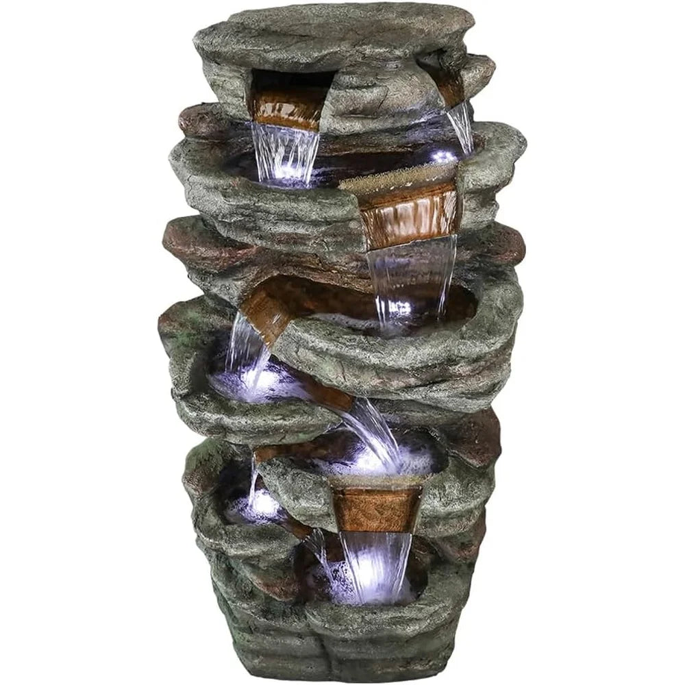 7 Tier Outdoor Garden Water Fountain with LED Light Resin Waterfall Decor for Patio Yard Porch and Backyard Relaxing Sound