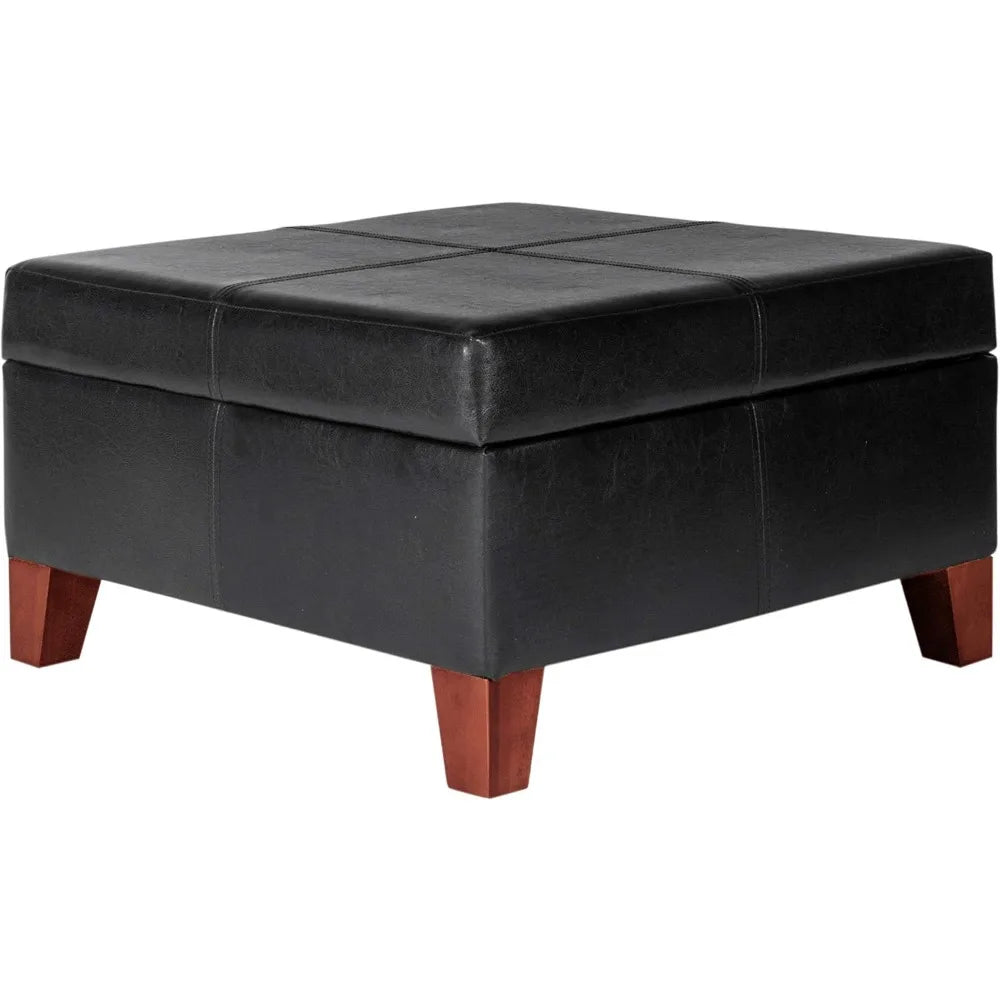 Luxury Large Faux Leather Square Storage Ottoman for Living Room and Bedroom Black