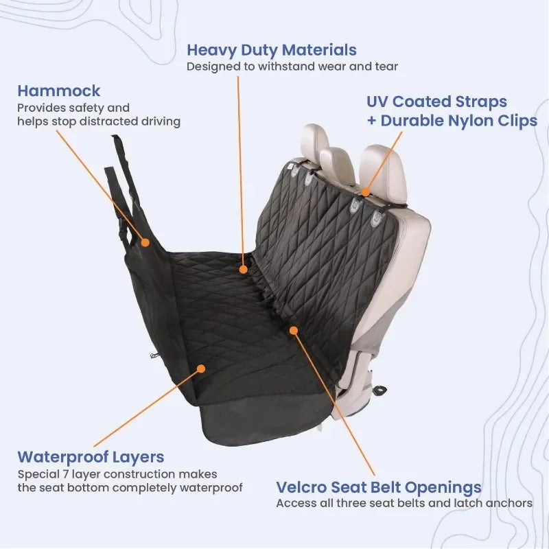 Dog Backseat Cover with Hammock for Cars SUVs and Trucks Waterproof Nonslip Seat Protector Durable Nylon Clips