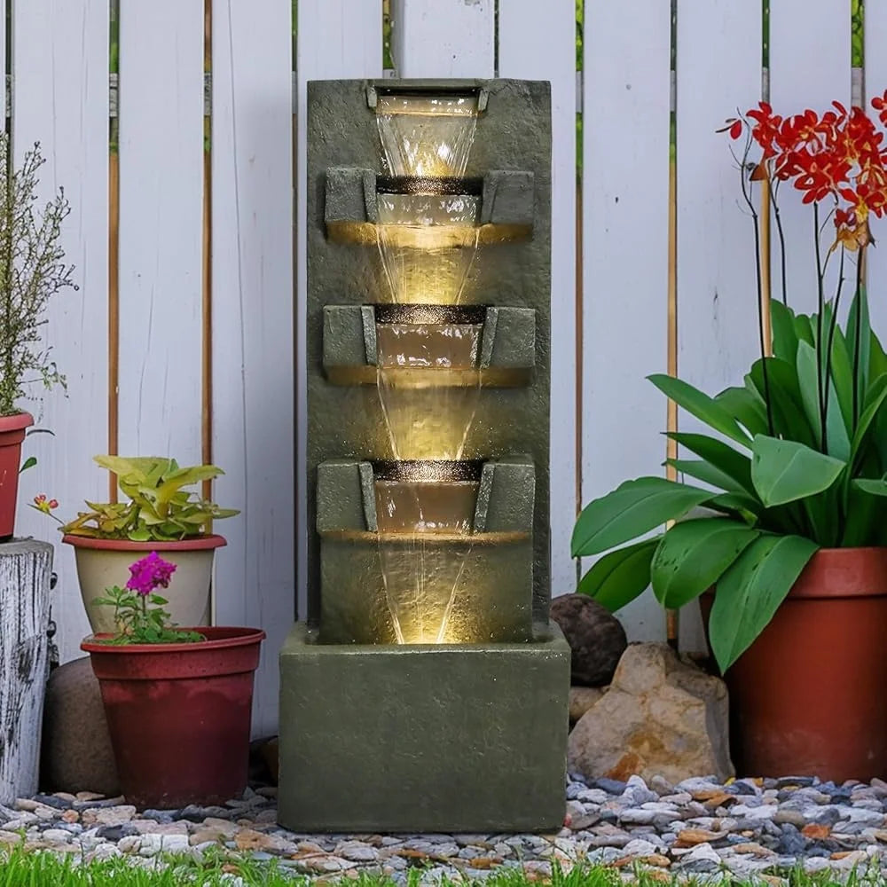 39.3 Inch High Concrete Water Fountain Five Tiers Indoor Outdoor LED Lights Soothing Sound Easy Maintenance Garden Decor