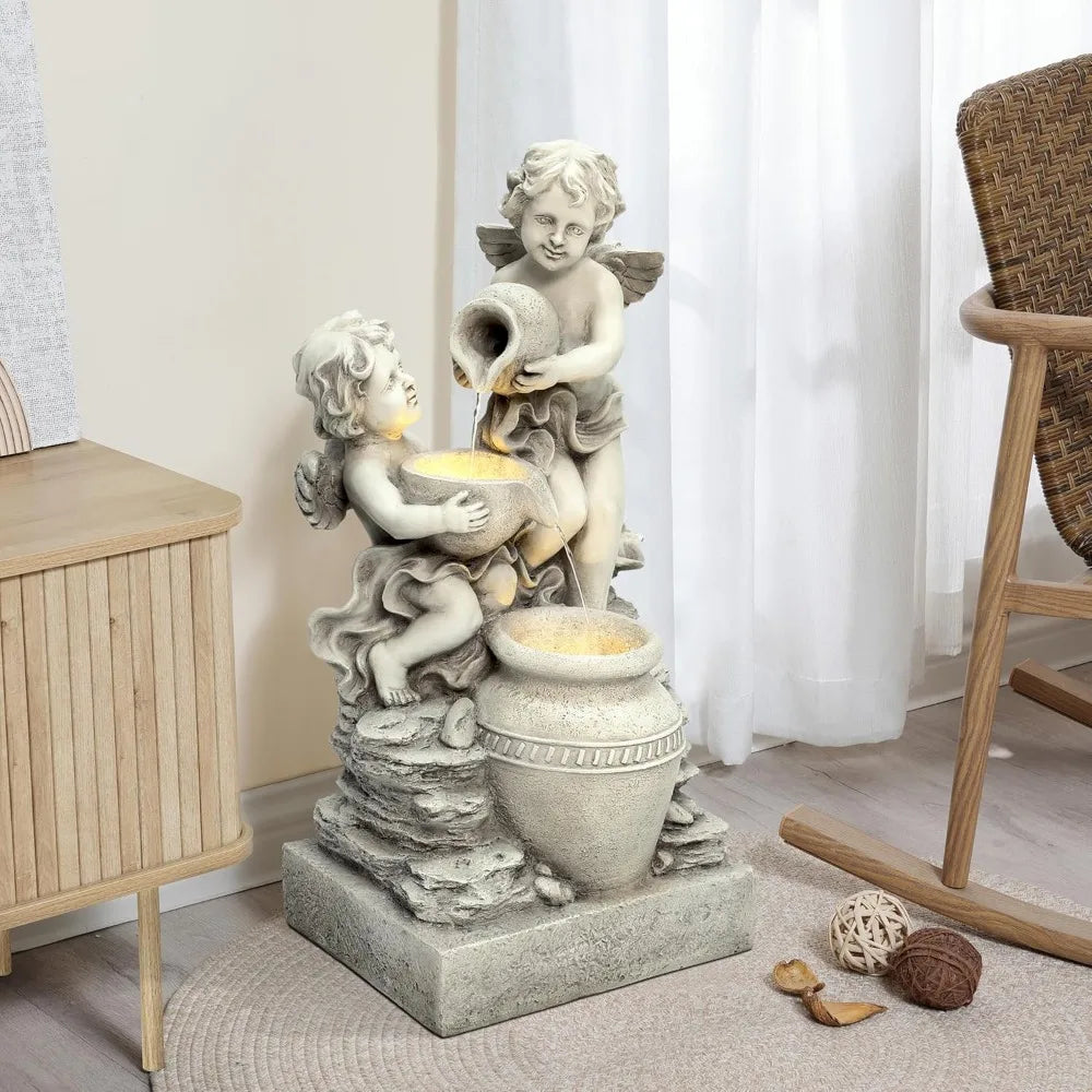 LuxenHome 30 Inch Outdoor Water Fountain Resin Angels Water Fountain Indoor Outdoor with LED Light 3 Layer Angels and Urn
