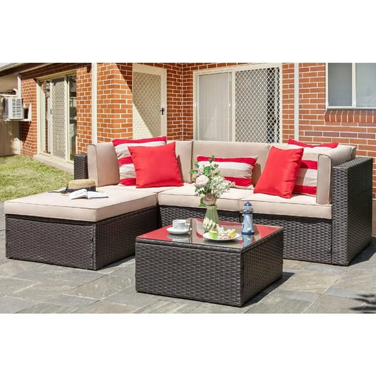 5 Piece Patio Furniture Set All Weather Brown PE Wicker Outdoor Couch Sectional