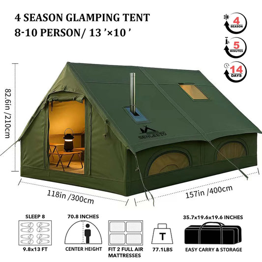 Army Green Inflatable Camping Tent 13 By 10 Ft 4 Season Waterproof Oxford Fabric