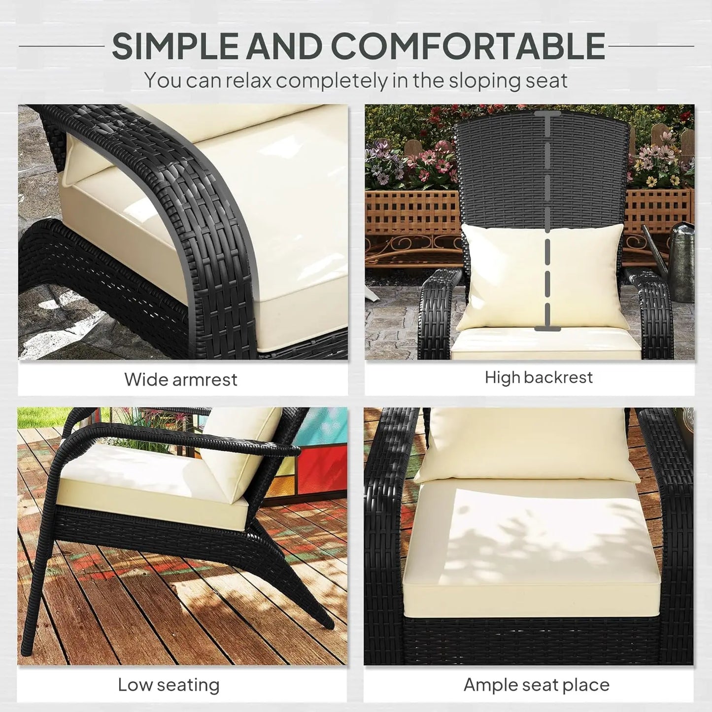 Patio Wicker Adirondack Chair Outdoor All Weather Rattan Fire Pit Chair with Soft Cushions Tall Curved Backrest and Comfortable Armrests for Deck or Garden Deep Brown Cream White