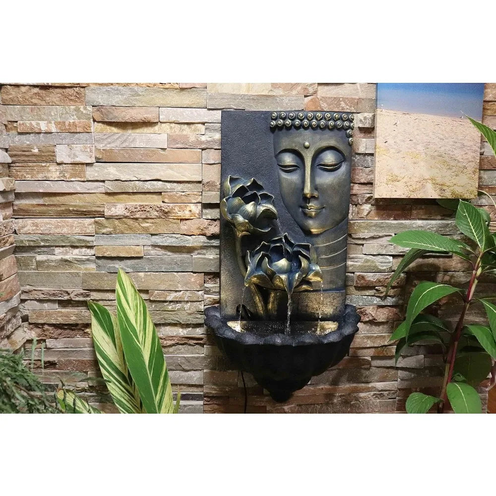 Tall Outdoor Zen Lotus Buddha Wall Fountain Black Resin