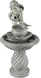 LuxenHome 30 Inch Outdoor Water Fountain Resin Angels Water Fountain Indoor Outdoor with LED Light 3 Layer Angels and Urn