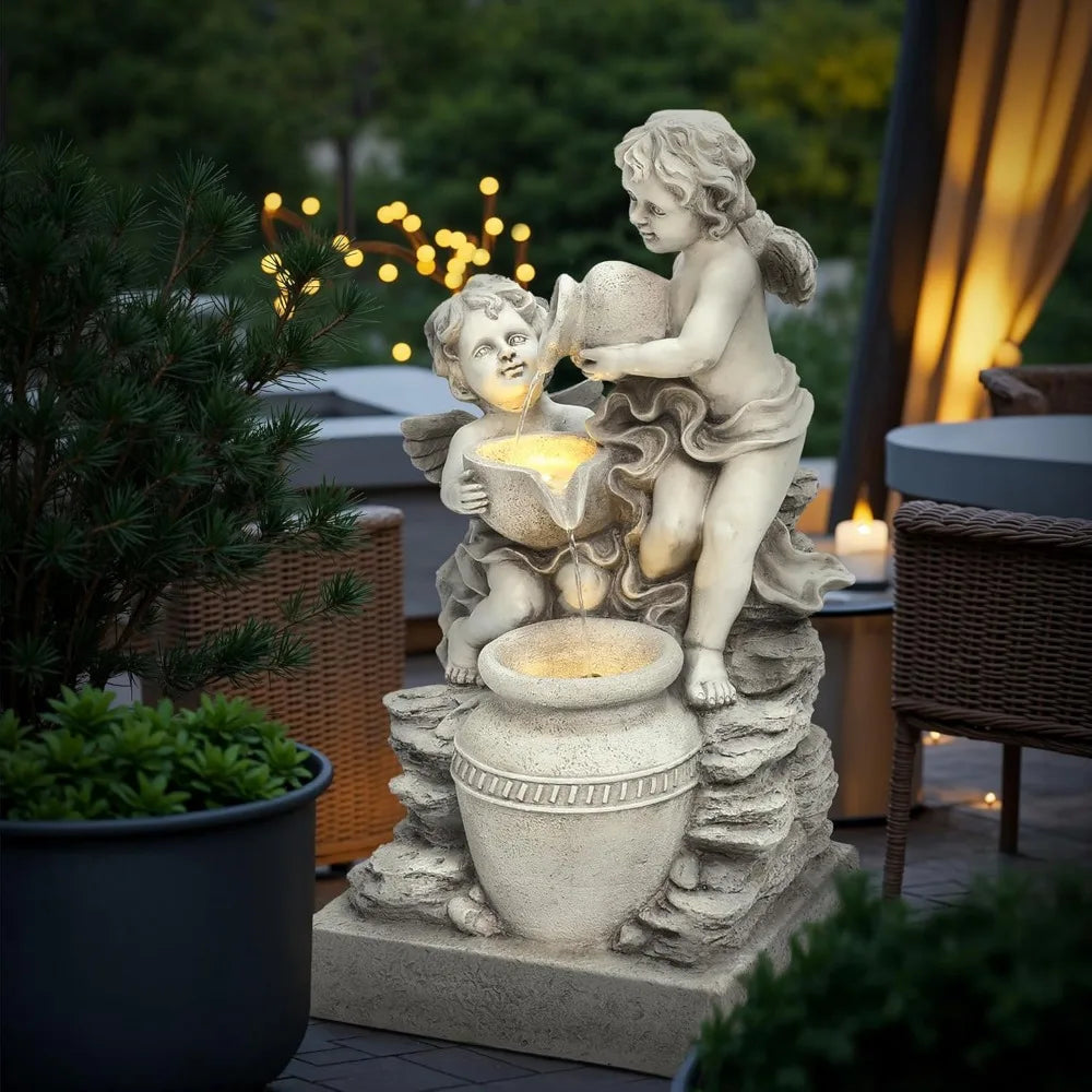 LuxenHome 30 Inch Outdoor Water Fountain Resin Angels Water Fountain Indoor Outdoor with LED Light 3 Layer Angels and Urn