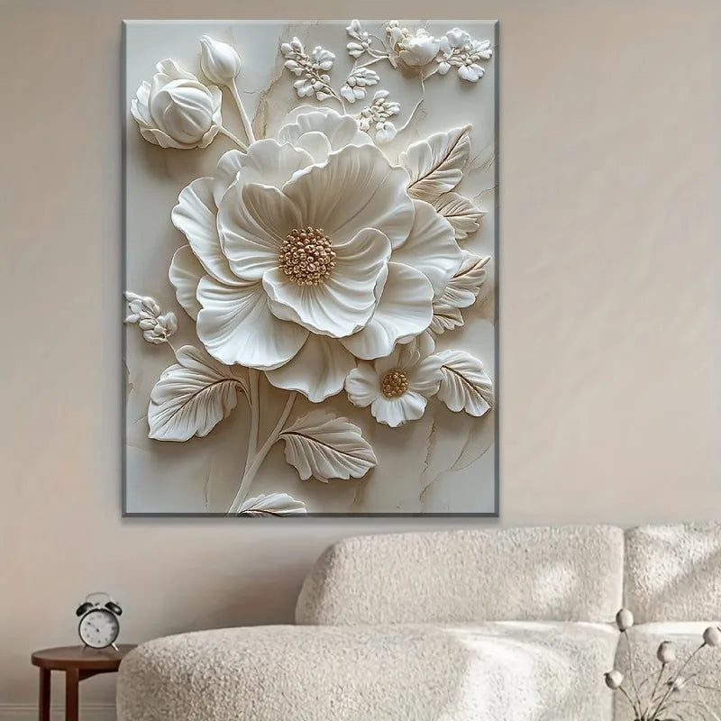 White Flower Pattern Wood Frame Canvas Murals Wall Mounted Decoration for Living Room