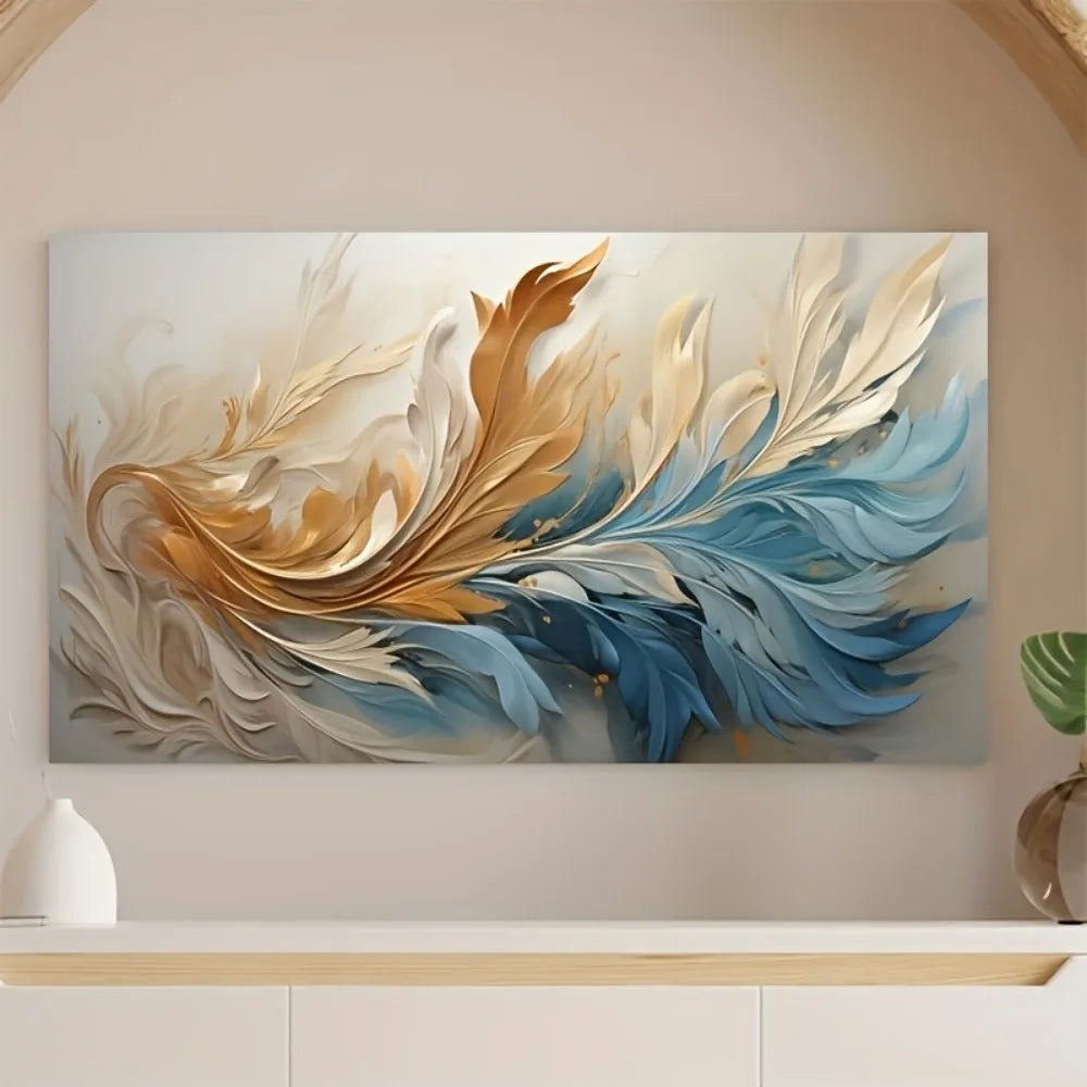 Modern Abstract Gold Feather Canvas Art with 1.5 Inch Thick Pine Solid Wood Frame for Interior Decoration