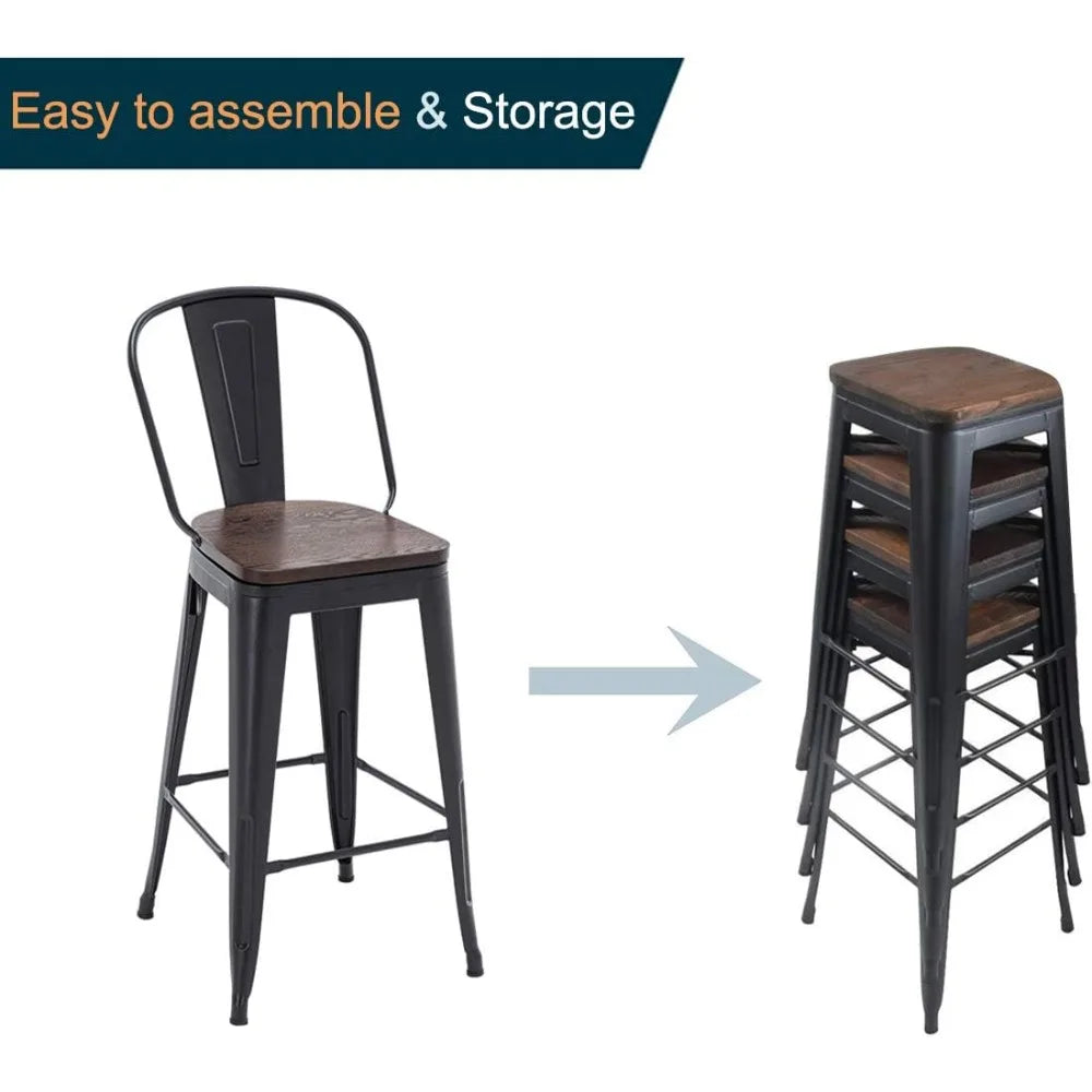30 Inch Swivel Metal Bar Stools Set Of 4 High Back Wood