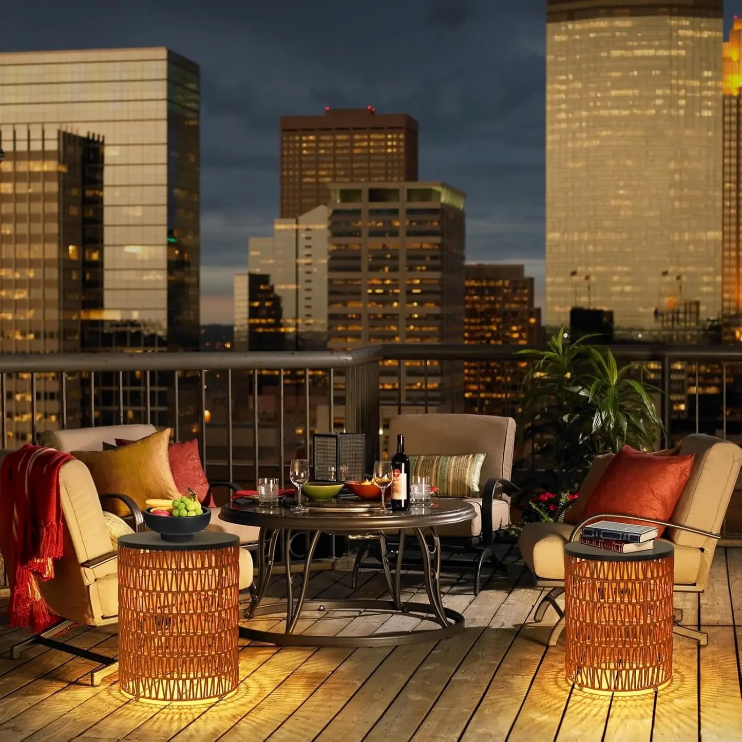 Outdoor Side End Table with Dimmable Light Remote Control 2 Pack Small Round Patio Table with Timing Light Outside Plastic Desk