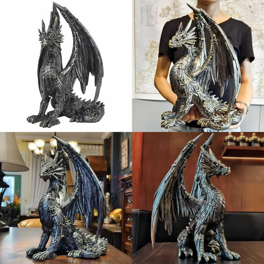 Steampunk Medieval Black Resin Dragon Statue for Desk Fantasy Decor Art