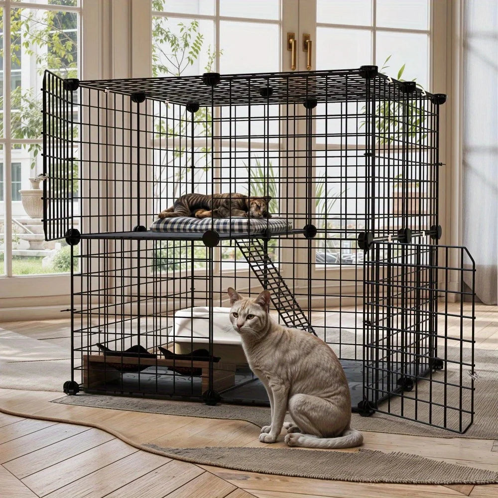 28 Inch Cat Cage 2 Tier Indoor Enclosure DIY Playpen For 1 To 2 Cats Black