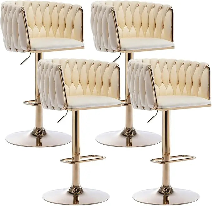 360 Degree Velvet Swivel Bar Stools Set of 4 Adjustable Counter Height Bar Chairs with Woven Back and Footrest Luxury Gold Bar Stools