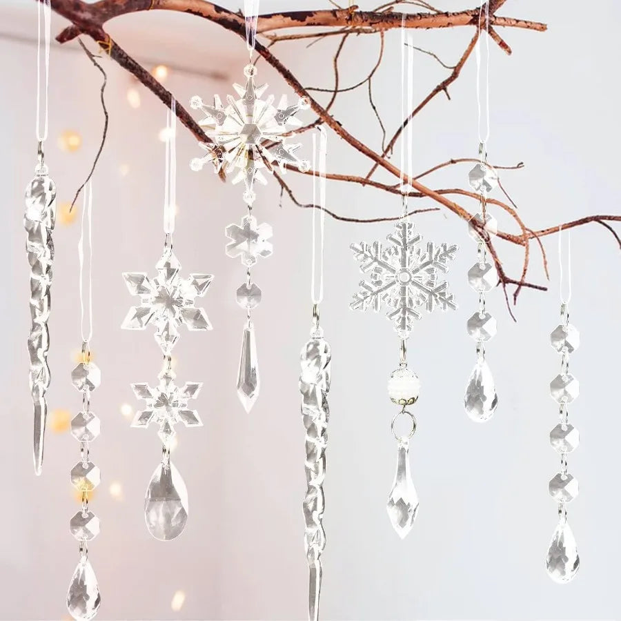 18Pcs Crystal Plastic Christmas Ornaments Set Icicles Snowflakes Beads Garlands