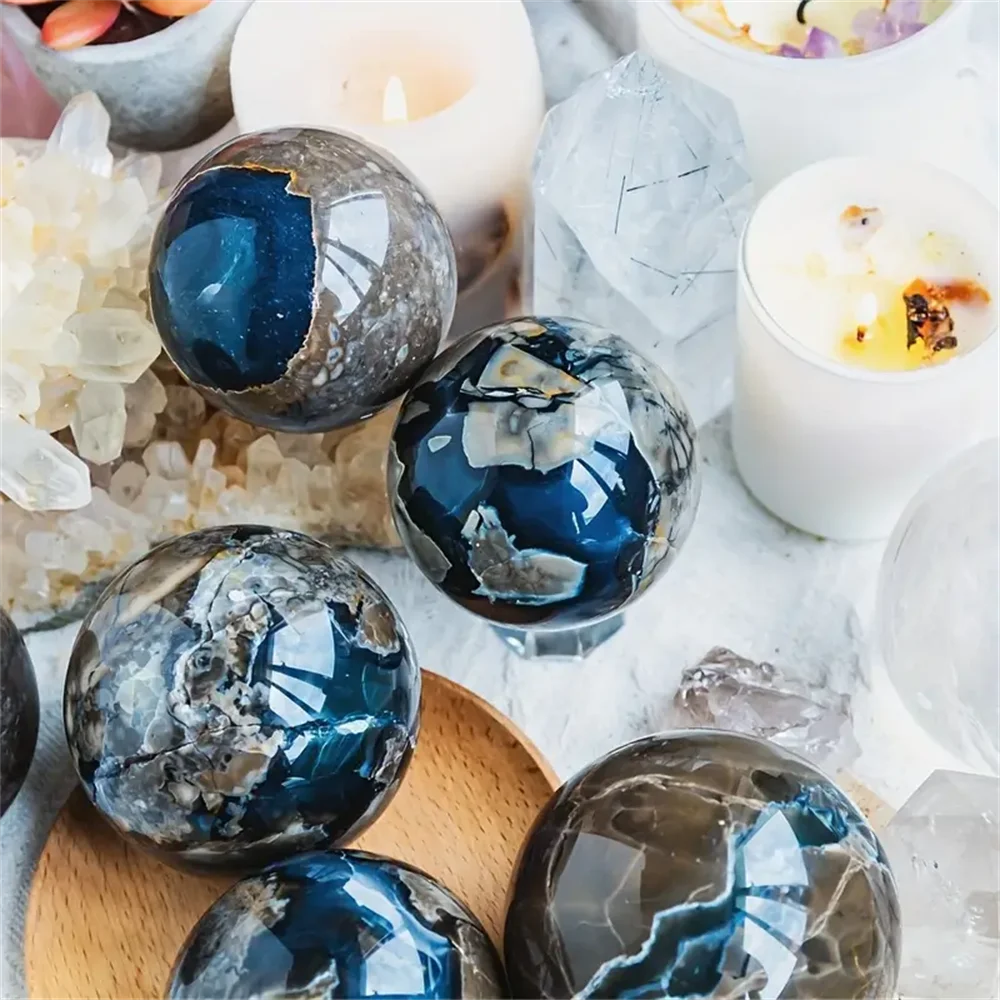 Natural Volcanic Agate Moon Crystal Ball UV Reactive Fluorescence Bohemian Green Brown Marbled Gemstone