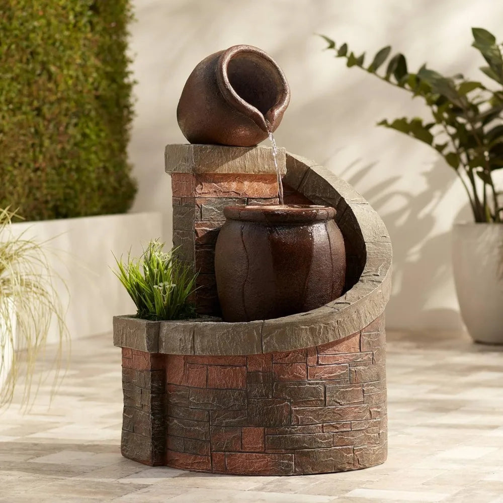 Verona Rustic Outdoor Floor Cascading Water Fountain 35" High with LED Light Planter Box for Garden Patio Backyard Deck Home Law