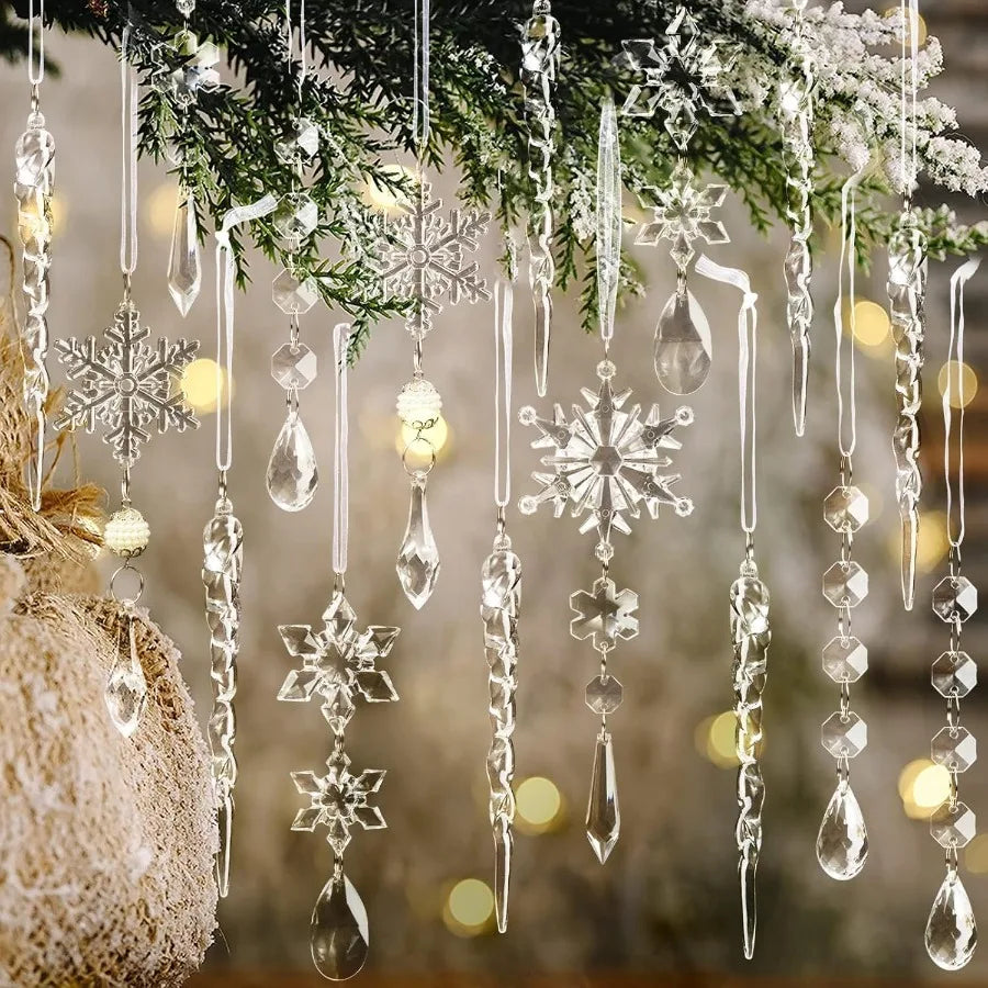 18Pcs Crystal Plastic Christmas Ornaments Set Icicles Snowflakes Beads Garlands