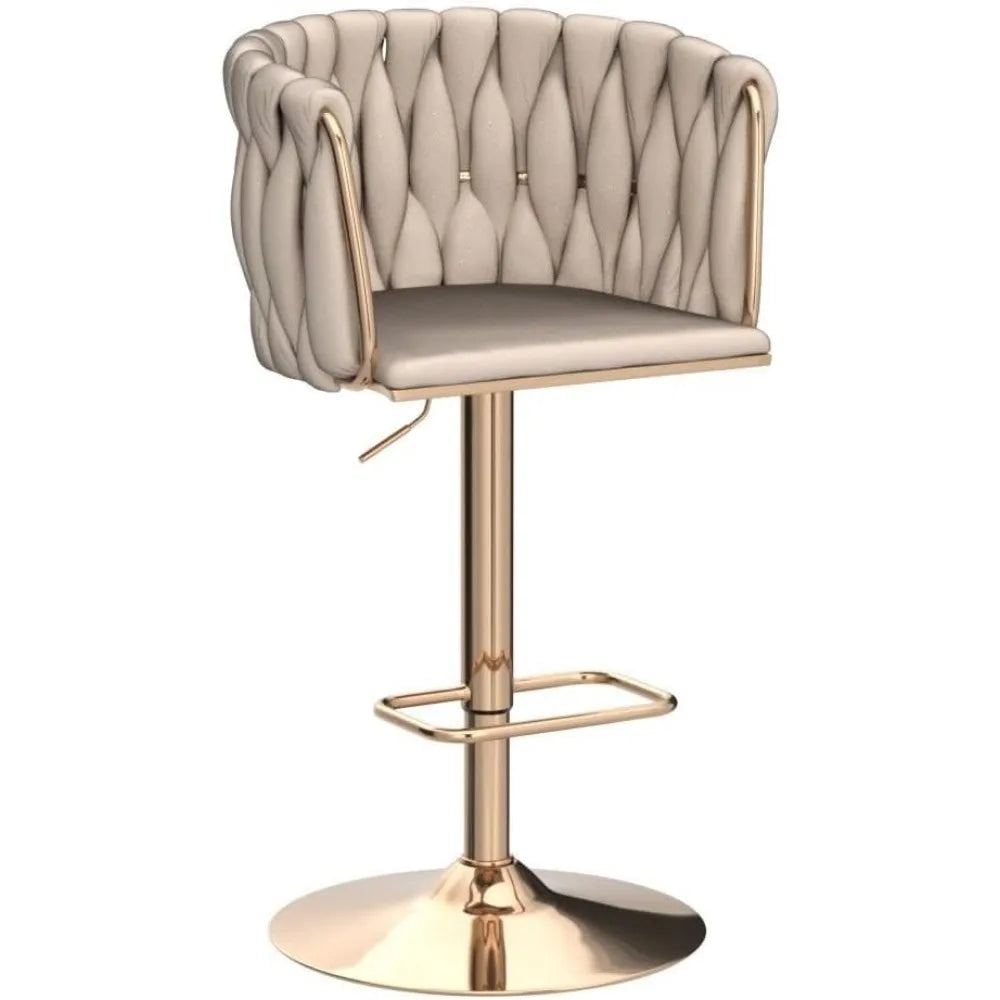 360 Degree Velvet Swivel Bar Stools Set of 4 Adjustable Counter Height Bar Chairs with Woven Back and Footrest Luxury Gold Bar Stools