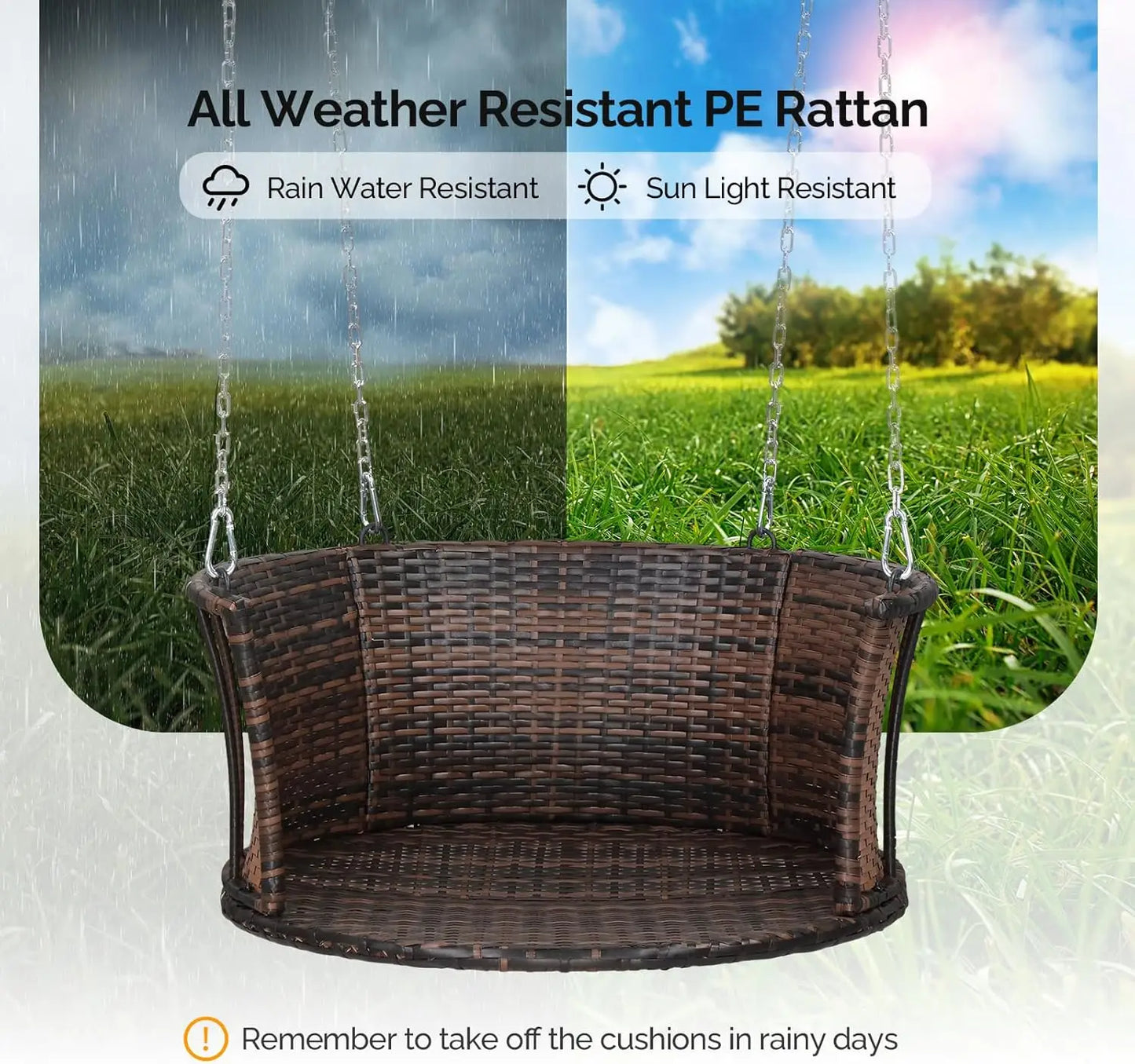 2.4 FT Rattan Porch Swing for One Person Outdoor Support 440 Pounds with Cushions and Adjustable Chains