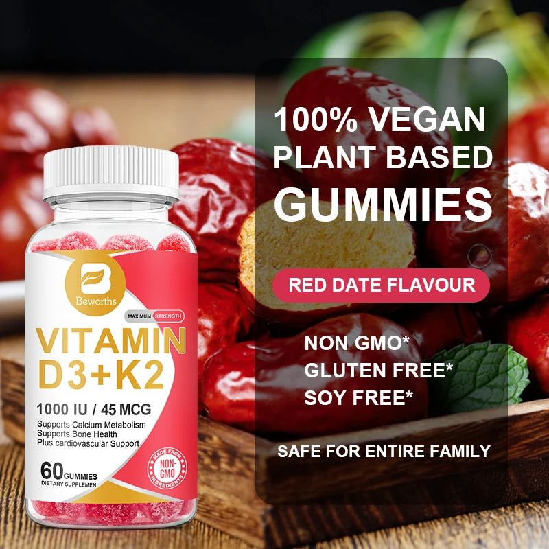Beworths 60PCS Vitamin D3 and K2 Gummies 1000 IU Vitamin D3 and 45 Mcg Vitamin K2 for Bone Health and Muscle Function