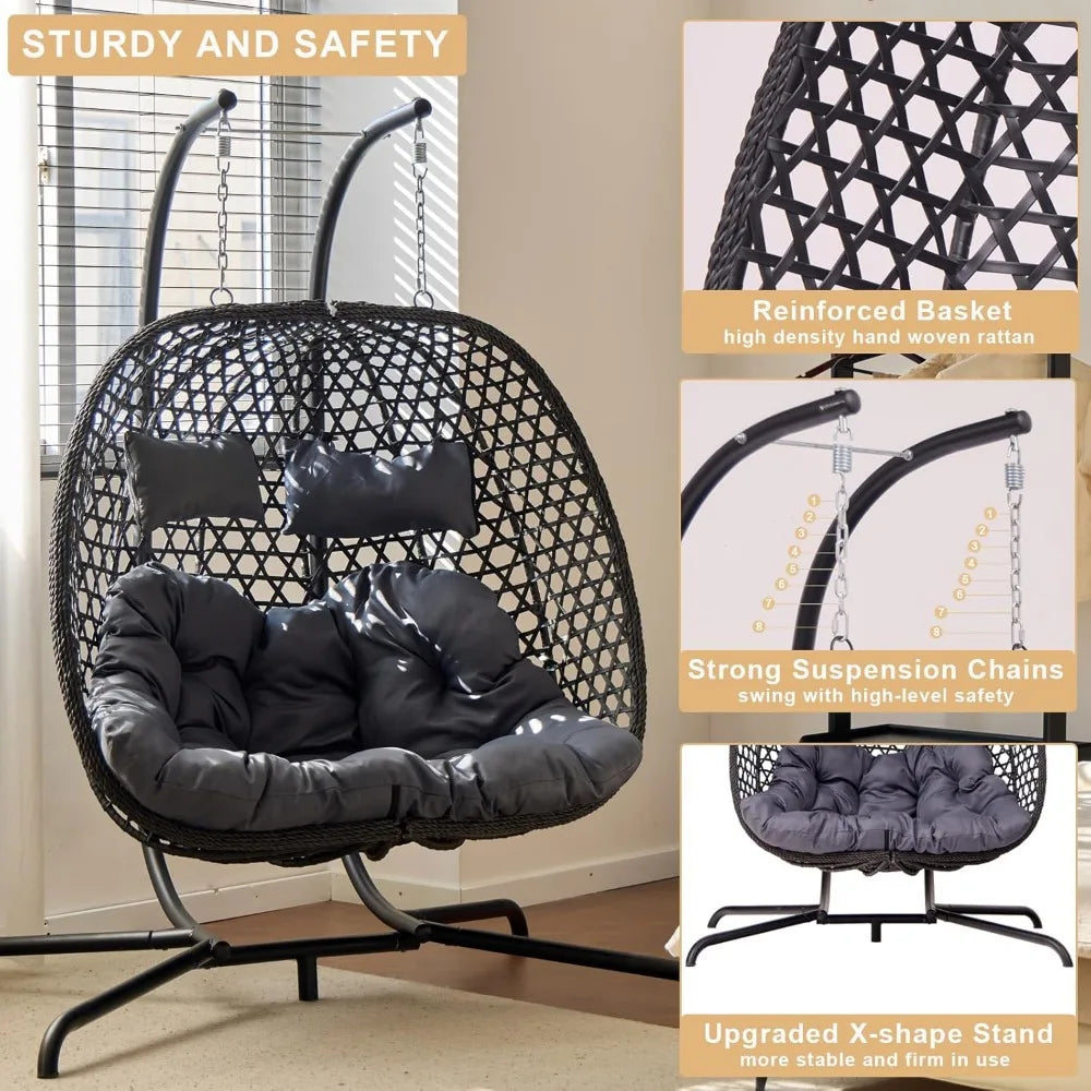 Double Hanging Swing Egg Chair with Stand, Hexagon Wicker Hammock Swing Chair for Outdoor Garden Patio, 2 Person Egg Chair with