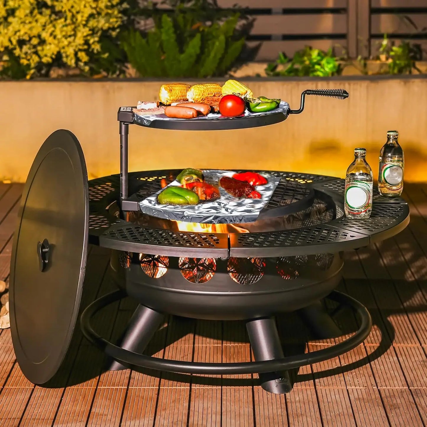 36 Inch Outdoor Wood Burning BBQ Fire Pit with 2 Cooking Grills and Lid
