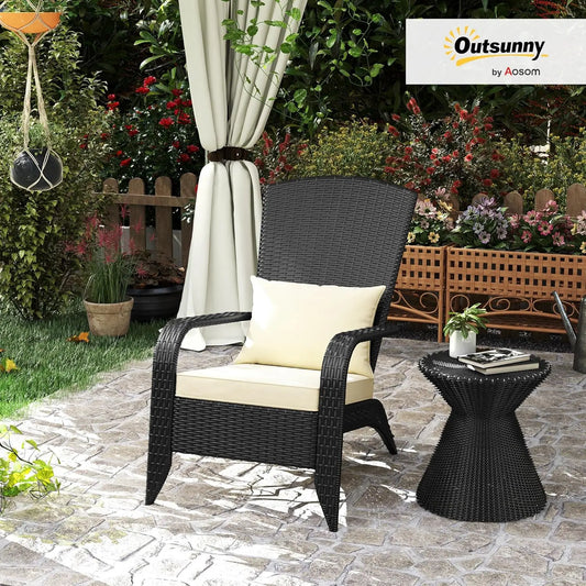 Patio Wicker Adirondack Chair Outdoor All Weather Rattan Fire Pit Chair with Soft Cushions Tall Curved Backrest and Comfortable Armrests for Deck or Garden Deep Brown Cream White