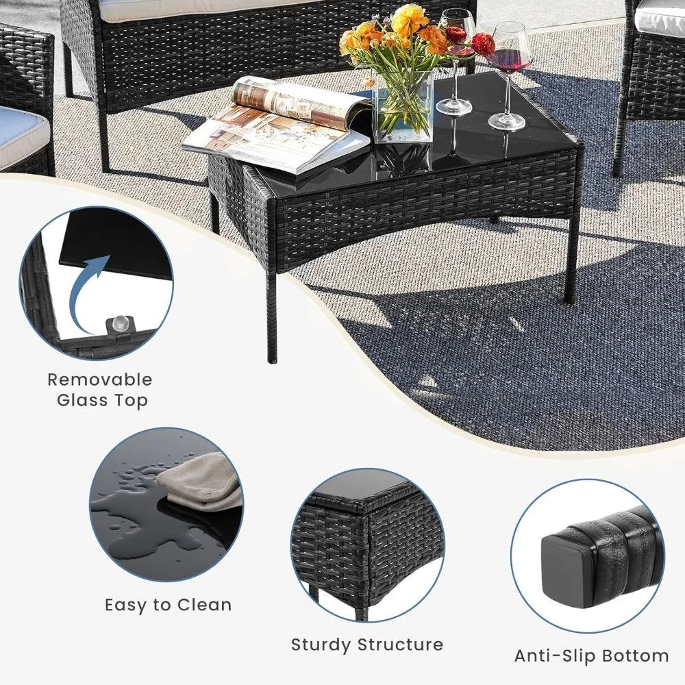 Patio Furniture Set 4 Pieces Outdoor Wicker Furniture with Coffee Table Modern Rattan Patio Chairs Conversation Set with Sofa