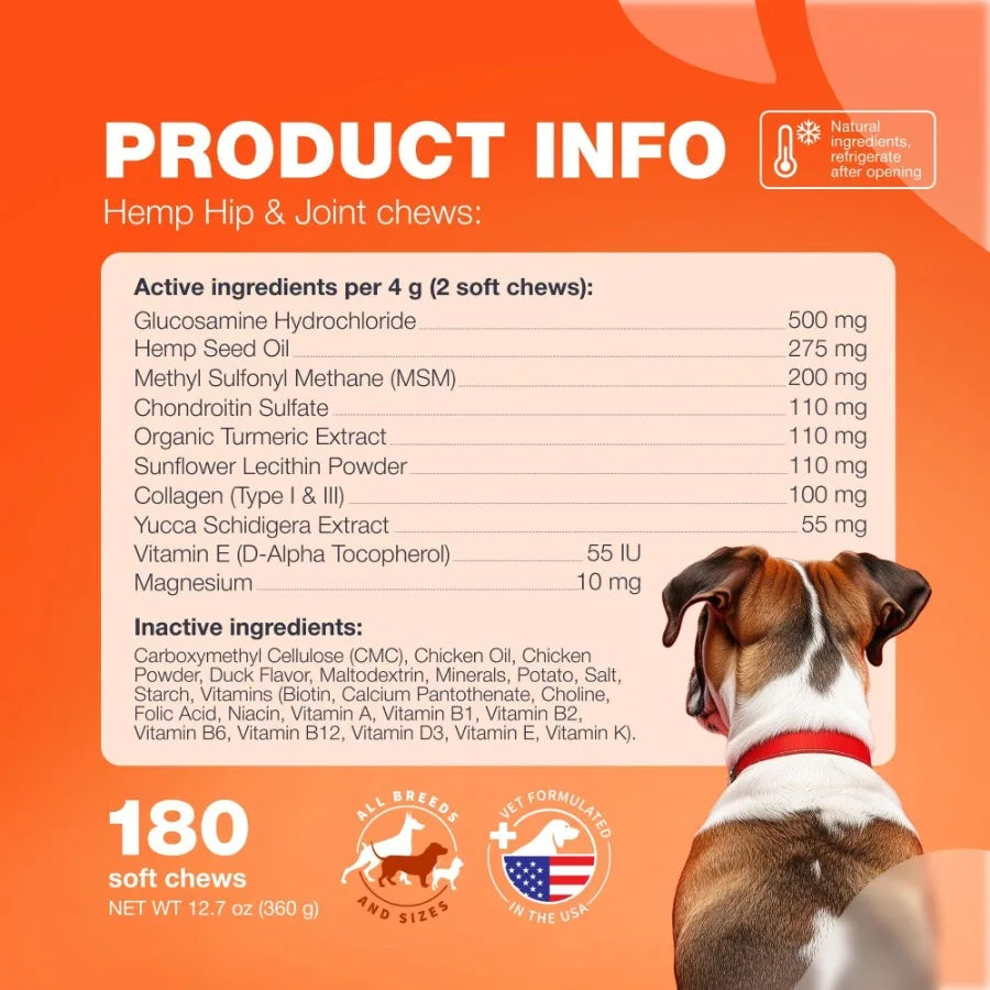 Glucosamine for Dogs Hemp Hip and Joint Supplement Chews with Chondroitin MSM Turmeric and Collagen for Mobility