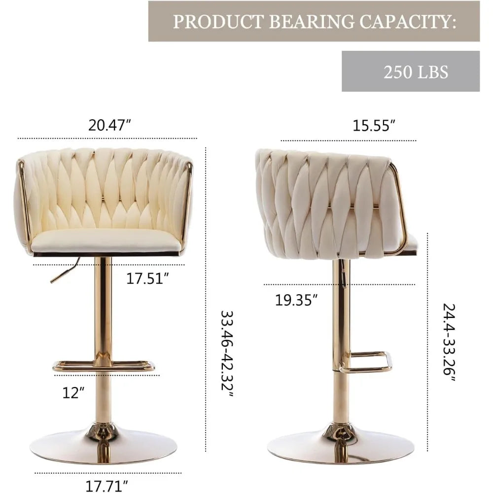 360 Degree Velvet Swivel Bar Stools Set of 4 Adjustable Counter Height Bar Chairs with Woven Back and Footrest Luxury Gold Bar Stools