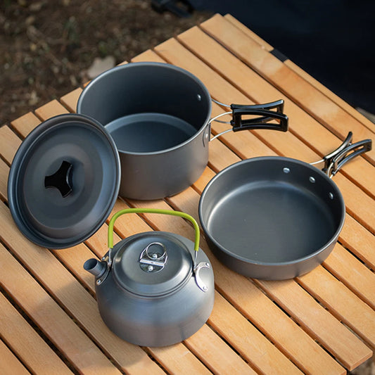 3 Piece Camping Cookware Set Pot Pan Kettle Portable 2 To 3 People Mesh Bag