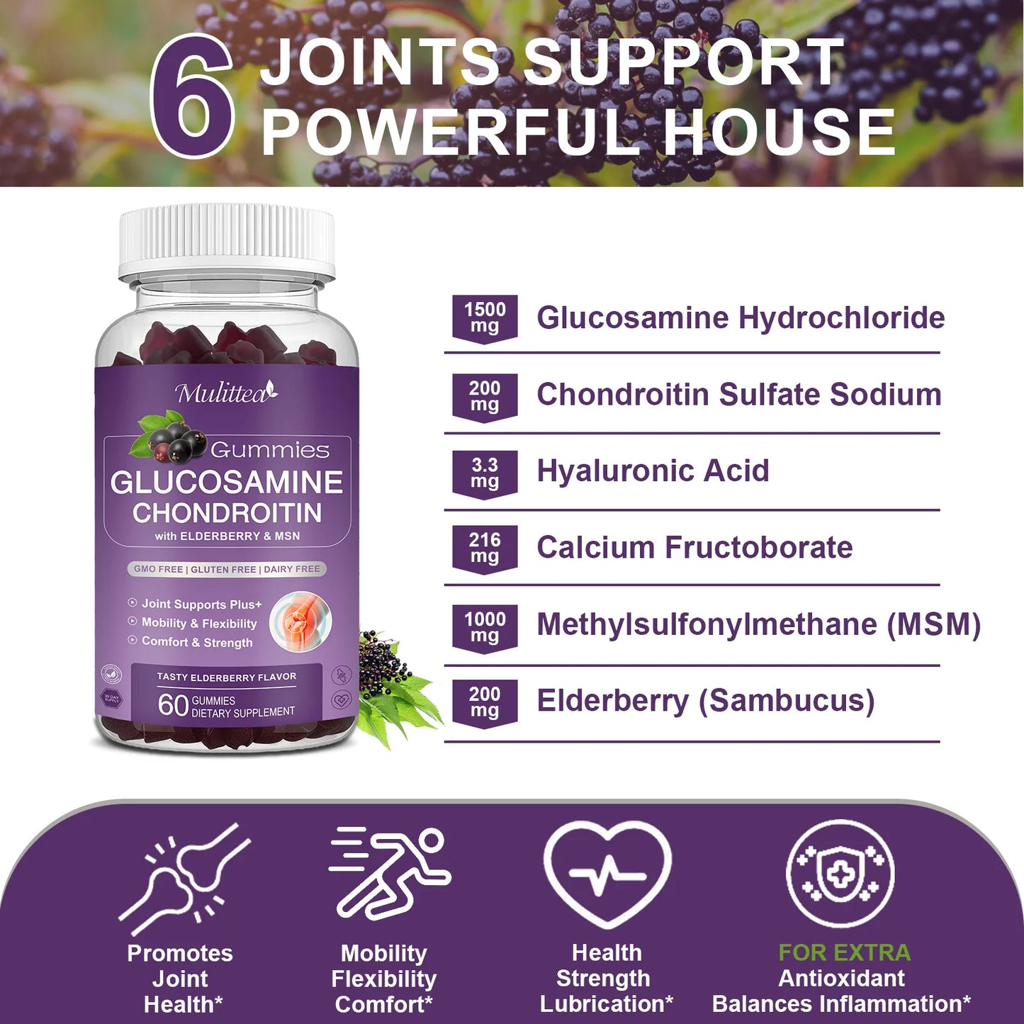 Mulittea Glucosamine 1500 Milligram Chondroitin Gummies Joint Support Antioxidant Immune Support Supplement for Adults