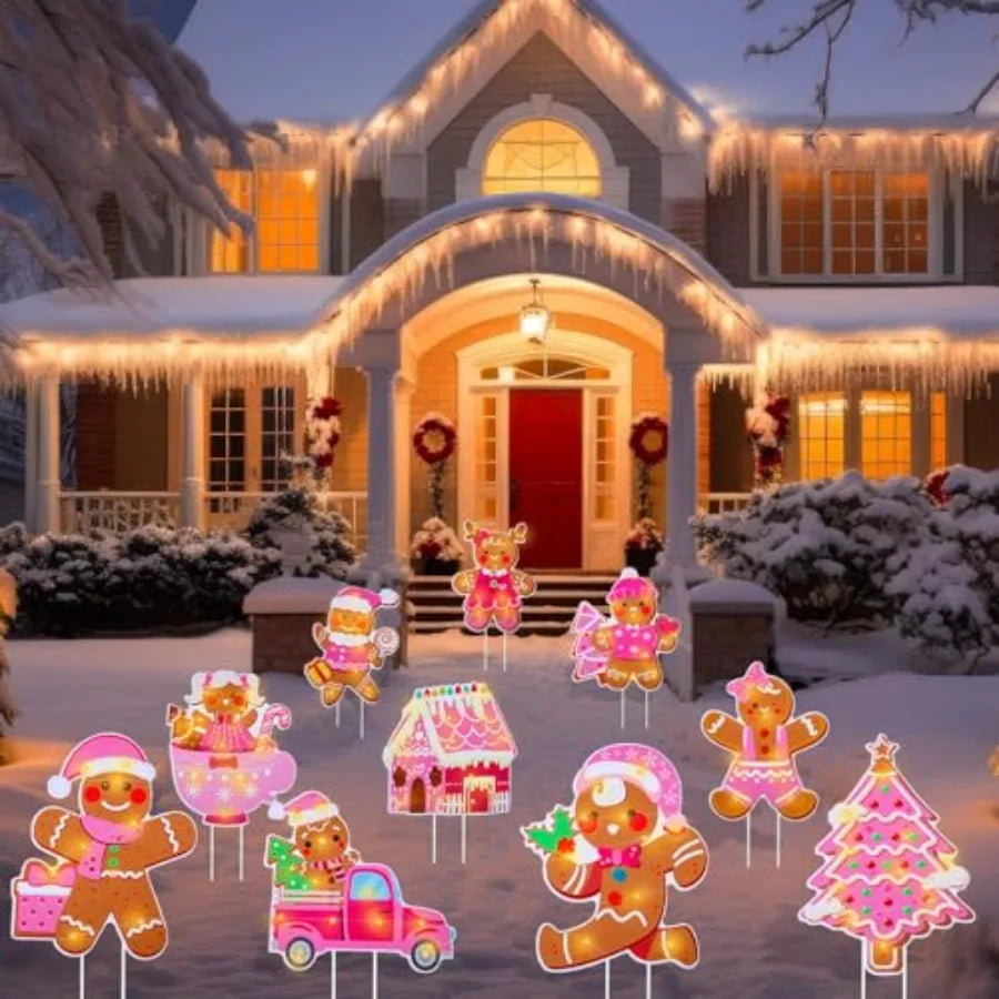 10 Pink Gingerbread Man Yard Signs With Stakes Light Up Outdoor Christmas Decor