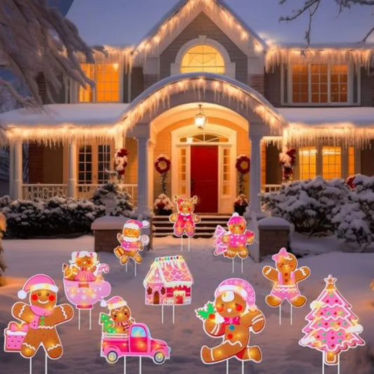 10 Pink Gingerbread Man Yard Signs With Stakes Light Up Outdoor Christmas Decor