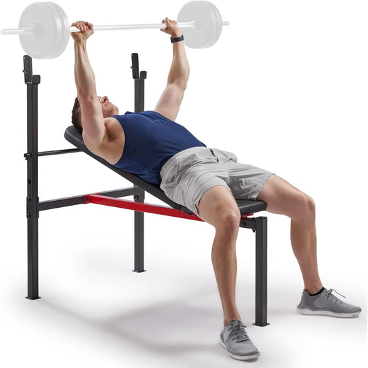 Sunny Health and Fitness Compact Premium Incline Bench Press Bar Rack Set with Optional Leg Extension Developer and Preacher Curl