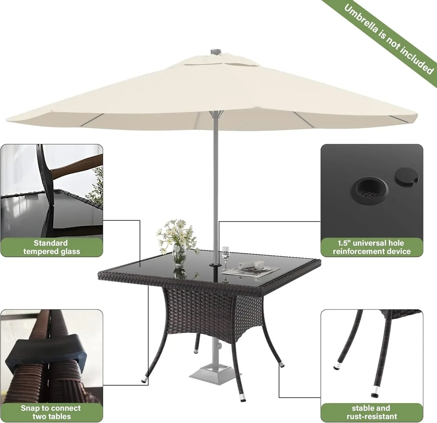 5 Piece All Weather Wicker Patio Dining Set With Tempered Glass Tabletop