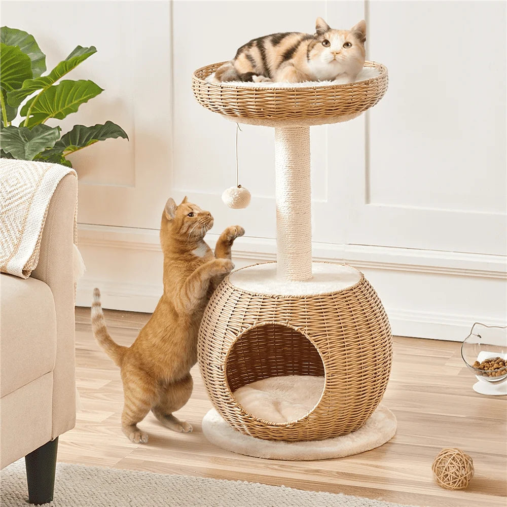 29.5 Inch Tall Rattan Cat House with Soft Cushion and Natural Sisal Scratching Post in Beige