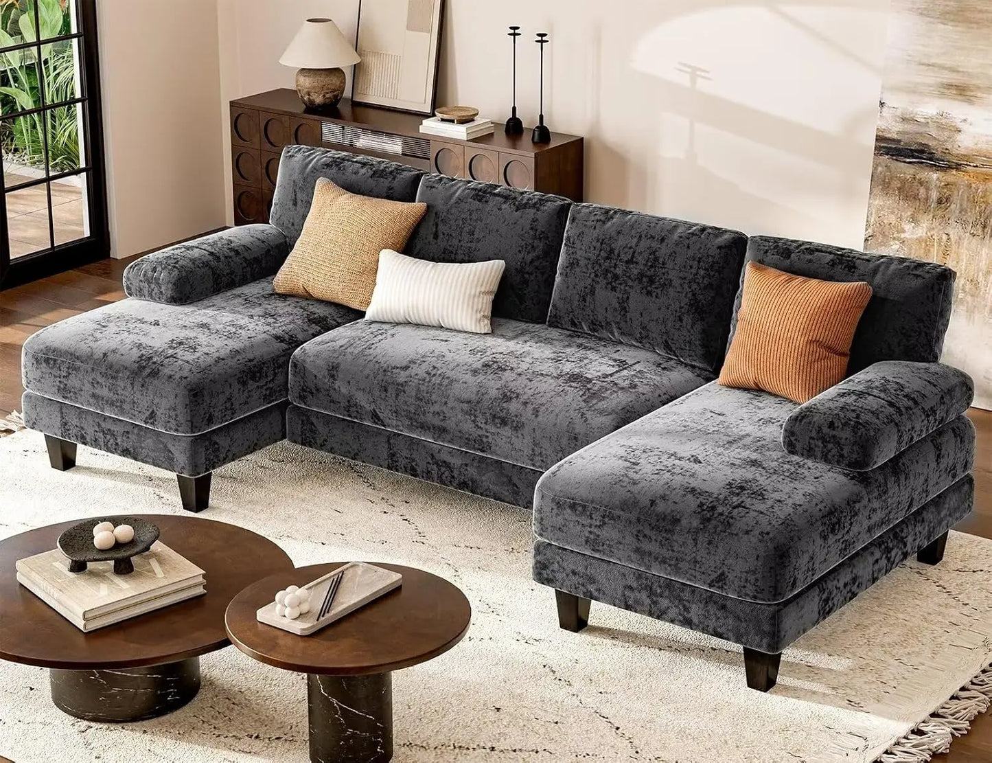 Gray U Shaped Sectional Sofa 111 Inch Modular Double Chaise