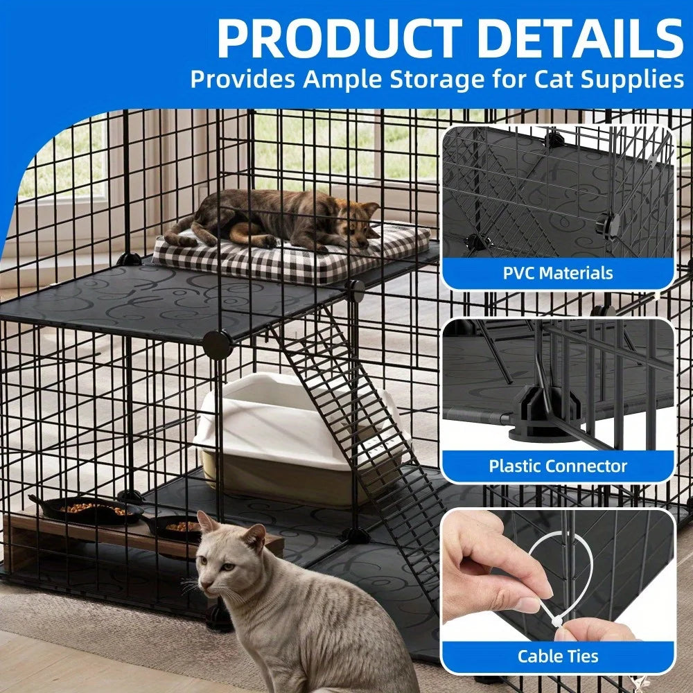 28 Inch Cat Cage 2 Tier Indoor Enclosure DIY Playpen For 1 To 2 Cats Black