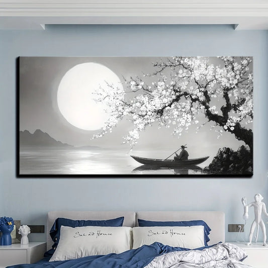 Framed Canvas Wall Art Paintings Of Flowers, Trees And Moon With 1.5 Inch Pine Wood Frame
