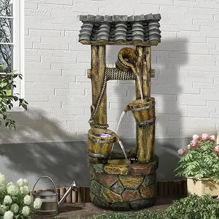 Wishing Well Water Fountain, 39.3inches Rustic Outdoor Water Fountains - Outdoor Cascading Waterfall with Buckets, Pump & Lights