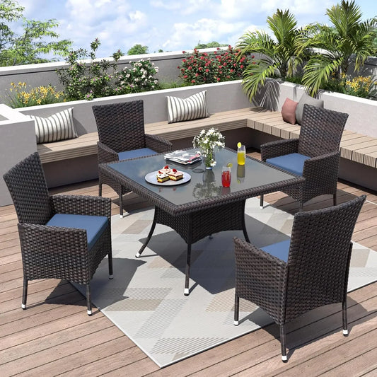 5 Piece All Weather Wicker Patio Dining Set With Tempered Glass Tabletop