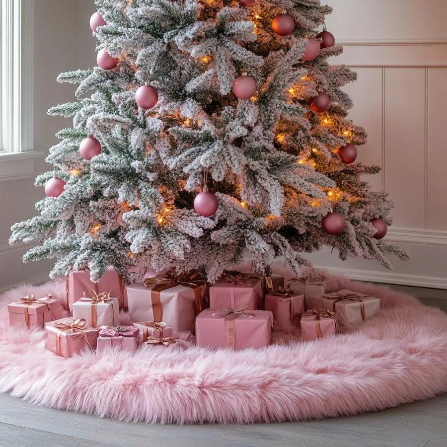48 Inch Pink Faux Fur Christmas Tree Skirt Plush For Holiday Decor