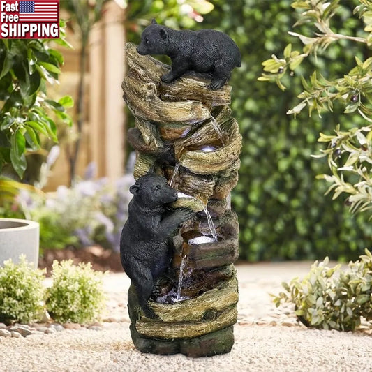5 Tier Outdoor Garden Water Fountain Bears Climbing Tree Resin Fountain with LED Lights Lawn Patio Decoration