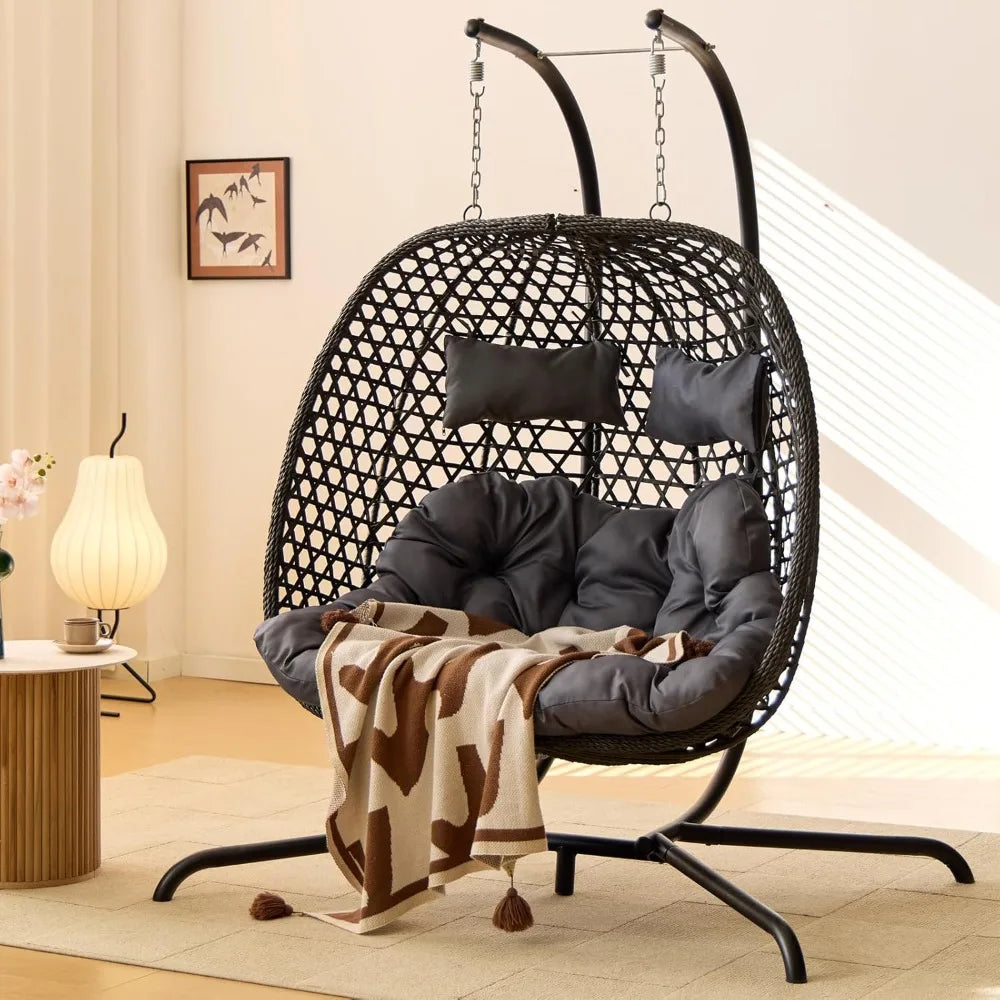 Double Hanging Swing Egg Chair with Stand, Hexagon Wicker Hammock Swing Chair for Outdoor Garden Patio, 2 Person Egg Chair with