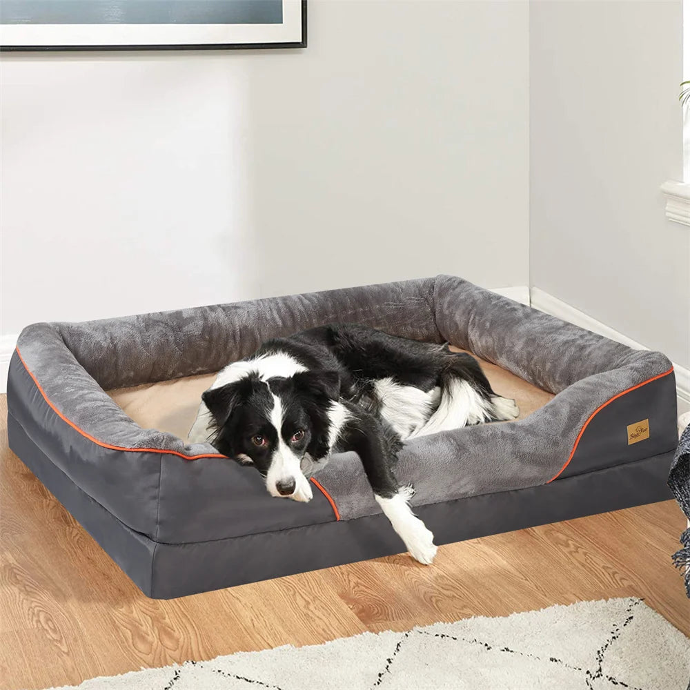 Jumbo Large Orthopedic Dog Bed Memory Foam Pet Sofa Waterproof Elevated Cushion Warm Puppy Bolster Couch Removable Cover Dark Grey Yellow Orange Rim
